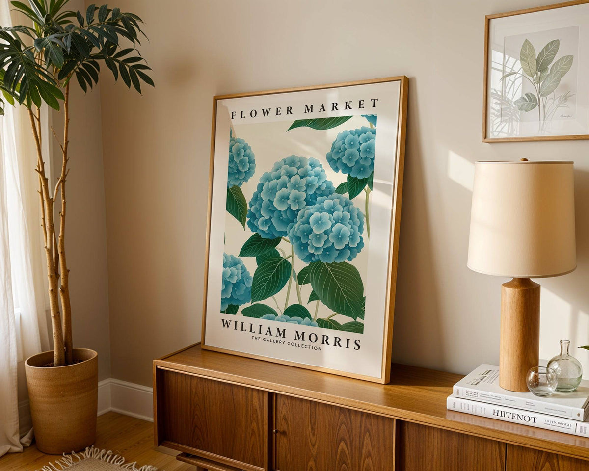 Blue and green hydrangea print perfect for minimalist interiors
