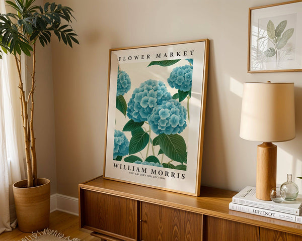 Blue and green hydrangea print perfect for minimalist interiors
