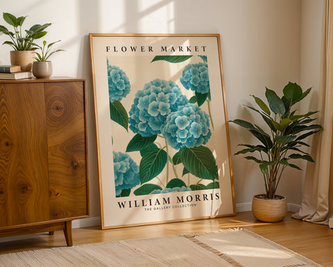 Blue hydrangea flower wall art with intricate petal details
