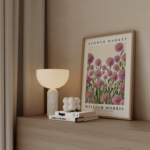 Modern botanical wall art with purple daisies
