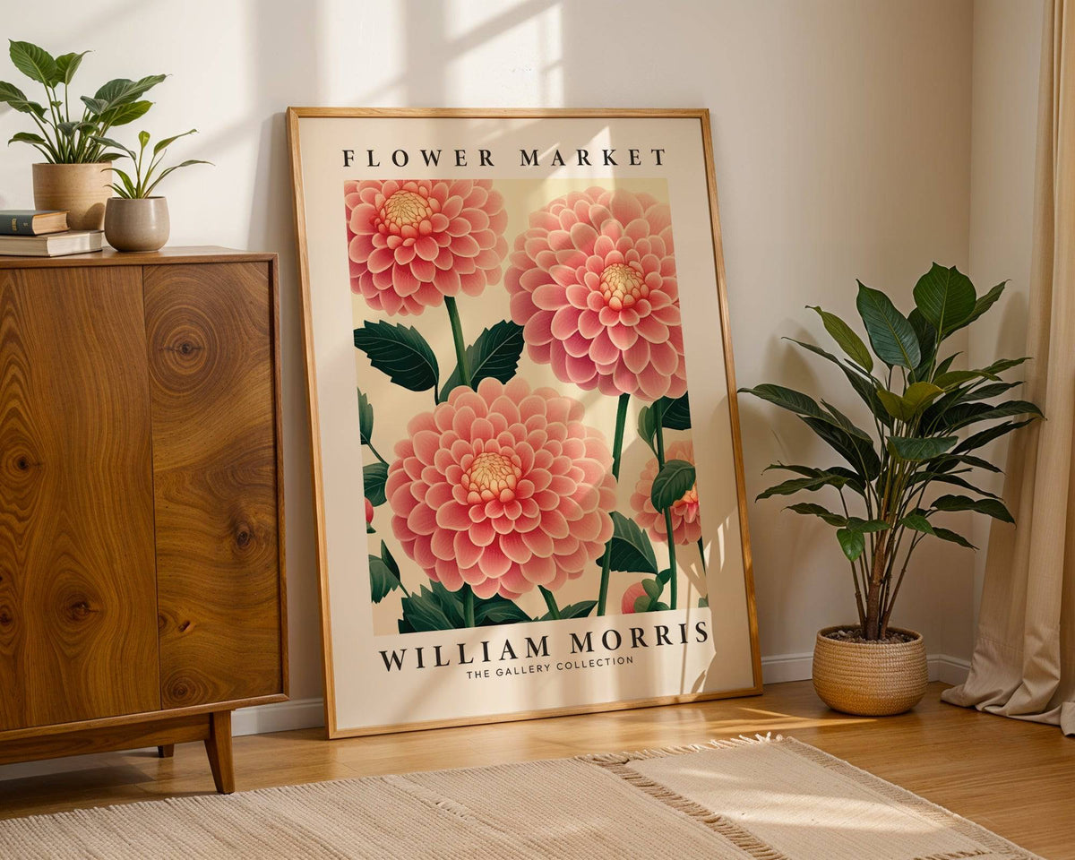 Dahlia-focused pink wall decor with sophisticated floral layout