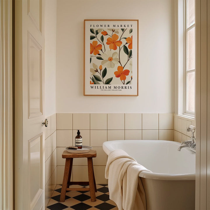 Vintage floral wall art with orange and cream blooms