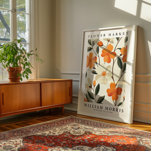 Vintage-inspired William Morris floral artwork in orange tones
