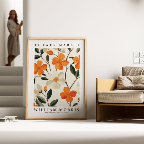 Cream and orange flower print, William Morris-inspired
