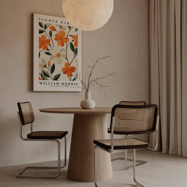 Detailed floral arrangement in William Morris orange flower pictures