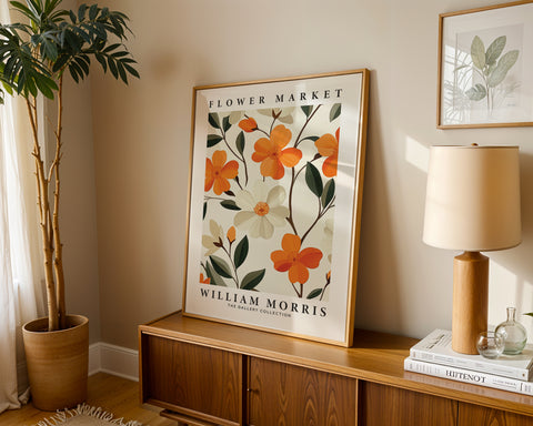 William Morris flower market poster, orange floral design
