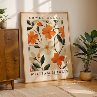 Floral art print with orange, cream, and green vintage tones