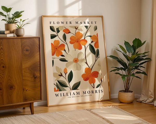 Floral art print with orange, cream, and green vintage tones