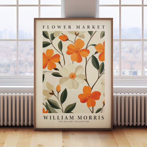 William Morris orange floral art print, ideal for vintage decor
