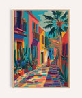 Colorful Mexican street art print with pink buildings and tropical plants