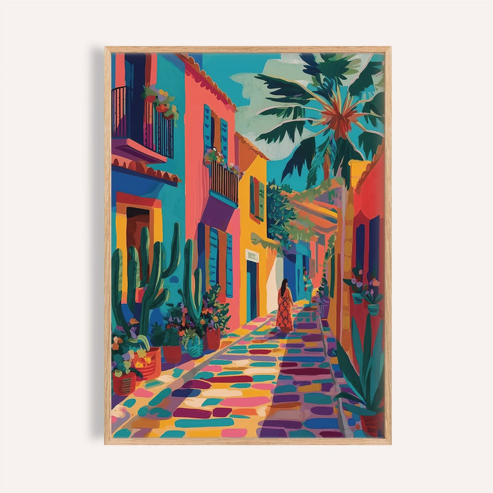 Colorful Mexican street art print with pink buildings and tropical plants