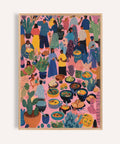 Crowd scene with food and cacti in vibrant pink-themed artwork from Mexico for dining room wall art.
