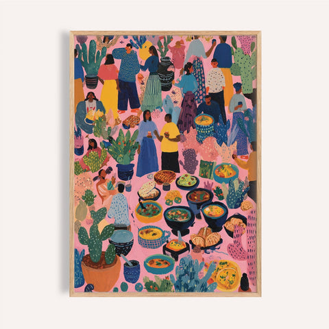 Crowd scene with food and cacti in vibrant pink-themed artwork from Mexico for dining room wall art.