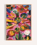 Colorful Mexican decor artwork featuring hands sharing food around a fiesta table, ideal for dining room