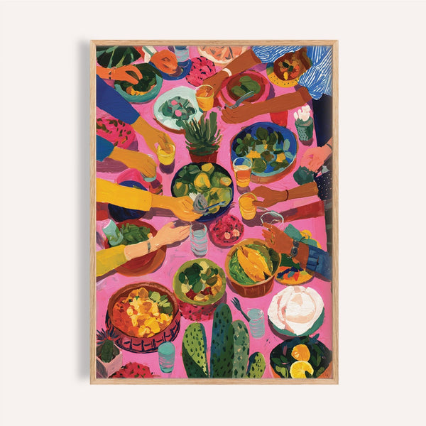 Colorful Mexican decor artwork featuring hands sharing food around a fiesta table, ideal for dining room