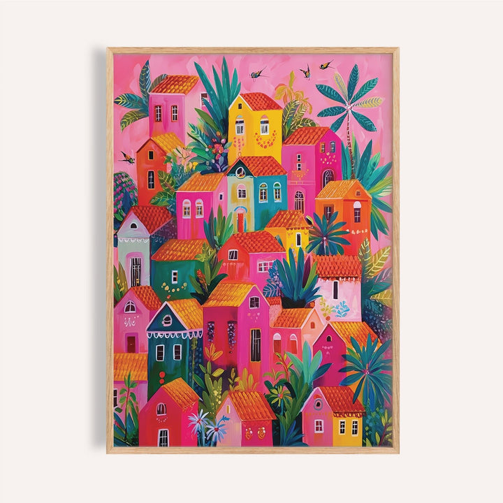 Bright pink and yellow houses in Mexican Village Painting wall art