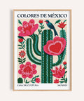 Mexican Folk Art Cactus print with red flowers and green cactus for wall decor