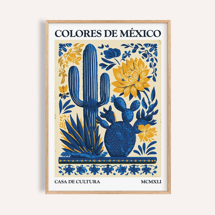 Bold blue and yellow Mexican folk art print for kitchen wall