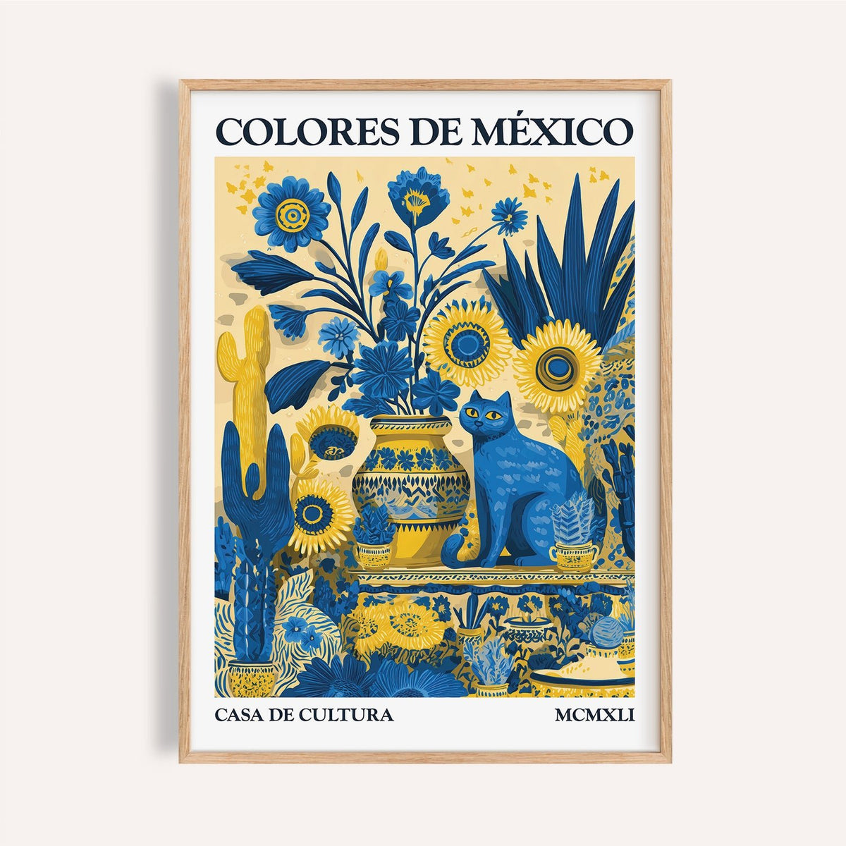 Otomi Wall Art print with blue cat and yellow sunflowers for hallway decor