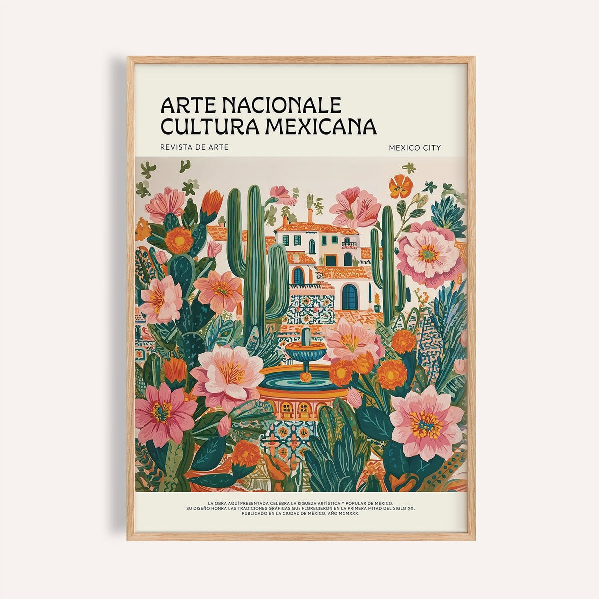 Lush green and pink Folk Art Mexico print for the living room wall art