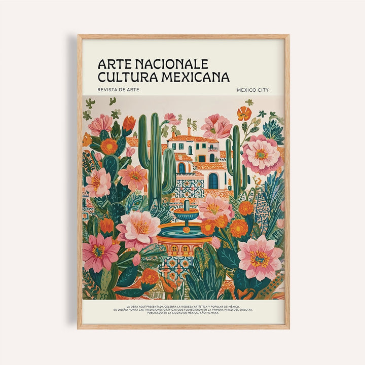 Lush green and pink Folk Art Mexico print for the living room wall art