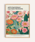 Green cactus with pink blooms in Vintage Mexican Poster wall art