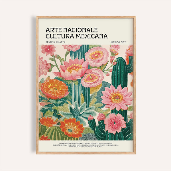 Green cactus with pink blooms in Vintage Mexican Poster wall art