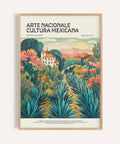 Agave fields and sunlit hacienda in Mexican landscape art print for entryway walls.