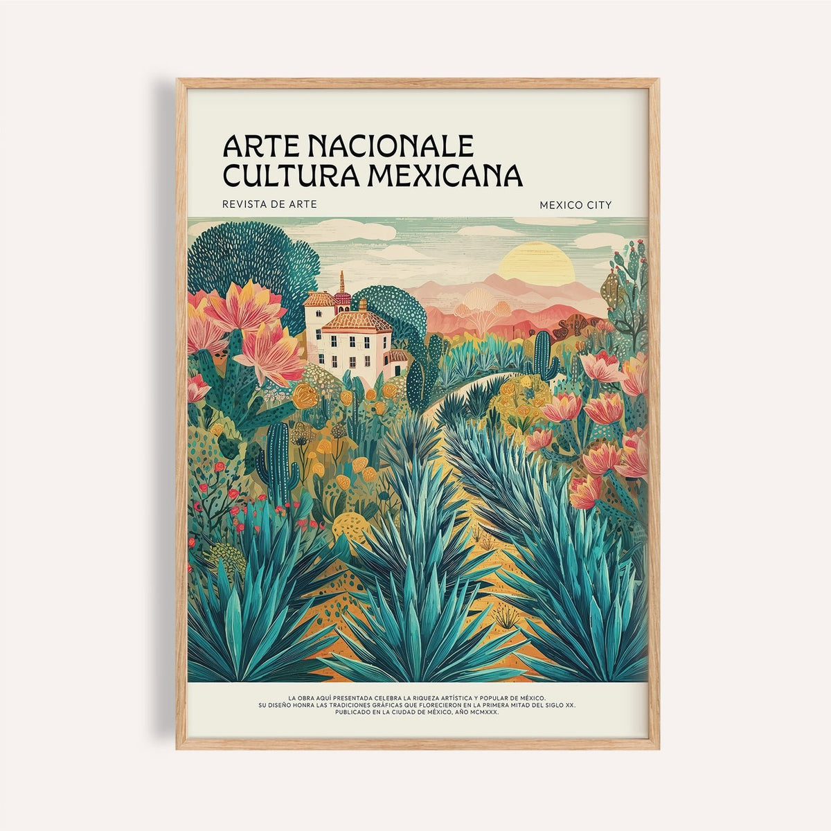 Agave fields and sunlit hacienda in Mexican landscape art print for entryway walls.