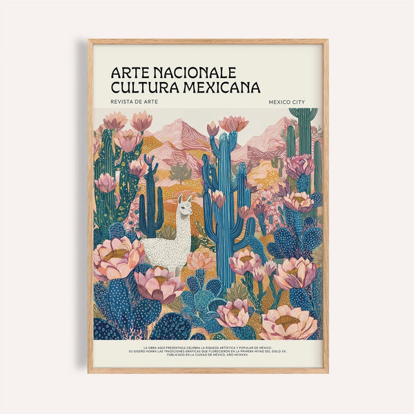 White llama standing among pink desert flowers in Mexican wall decor for living rooms.