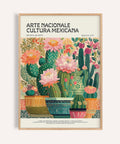 Botanical Mexican decor wall art with pink cactus flowers for living room