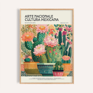 Botanical Mexican decor wall art with pink cactus flowers for living room