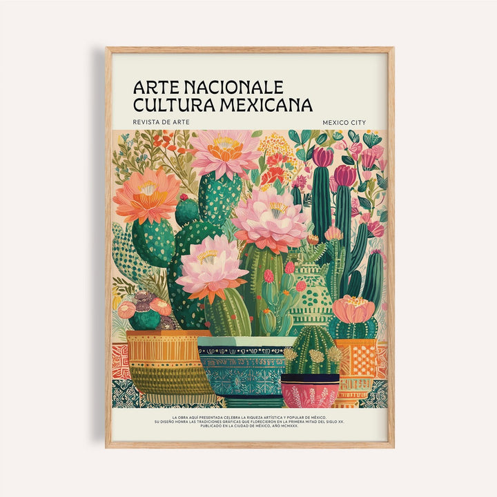 Botanical Mexican decor wall art with pink cactus flowers for living room