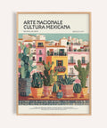 Latin American wall art showing terrace filled with potted cacti and pastel buildings.