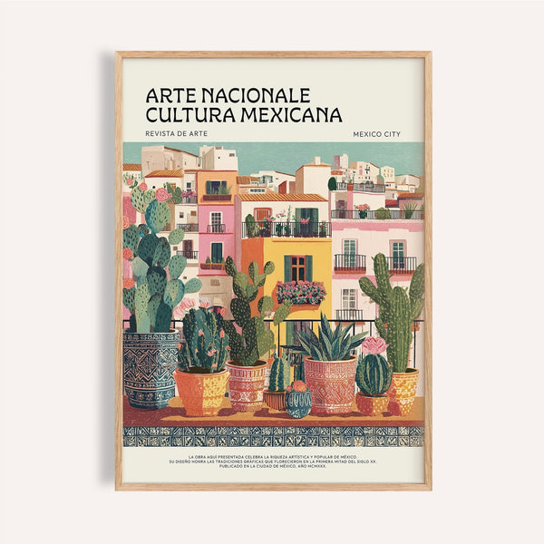 Latin American wall art showing terrace filled with potted cacti and pastel buildings.