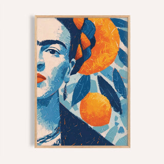 Frida Kahlo Gifts wall art of a female portrait with oranges in abstract blue and orange colours
