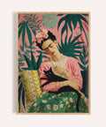 Famous Mexican Art Print with Frida Kahlo and black cat in tropical setting
