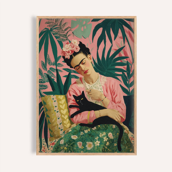 Famous Mexican Art Print with Frida Kahlo and black cat in tropical setting