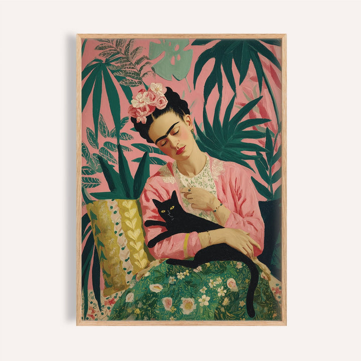 Famous Mexican Art Print with Frida Kahlo and black cat in tropical setting