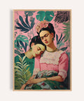Emotional Frida Kahlo self portrait style print with pink and green for bedroom walls
