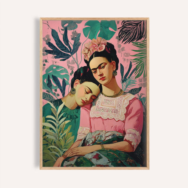 Emotional Frida Kahlo self portrait style print with pink and green for bedroom walls