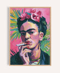 Bold Frida Kahlo Painting with pink background and cigarette