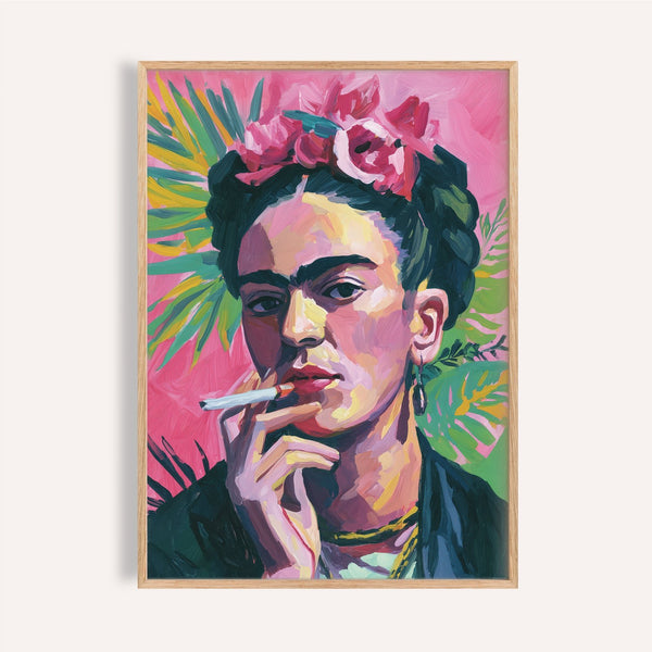 Bold Frida Kahlo Painting with pink background and cigarette