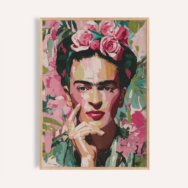 Frida Kahlo portraits for sale with pink roses and painterly texture