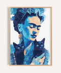Frida Kahlo art style print in monochrome blue with two black cats