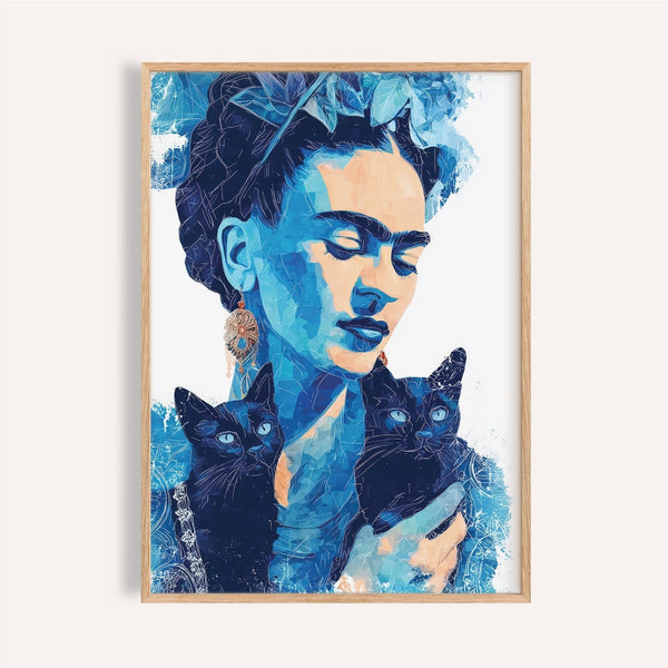 Frida Kahlo art style print in monochrome blue with two black cats