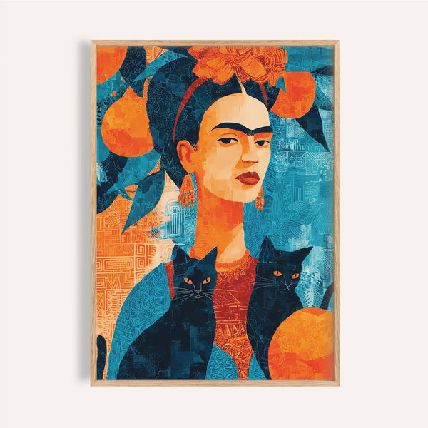 Frida Kahlo Cat Art Print with oranges and black cats for bold walls