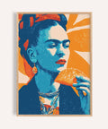 Taco print of Frida Kahlo mid-bite in bold orange and turquoise tones