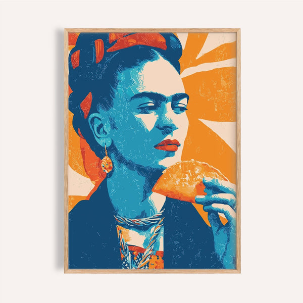 Taco print of Frida Kahlo mid-bite in bold orange and turquoise tones