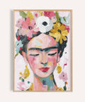 Soft pastel paintings of Frida Kahlo with closed eyes and floral crown